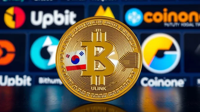 UXLINK token relisting efforts on South Korean crypto exchanges, showing a digital coin with Korean flag and exchange logos.