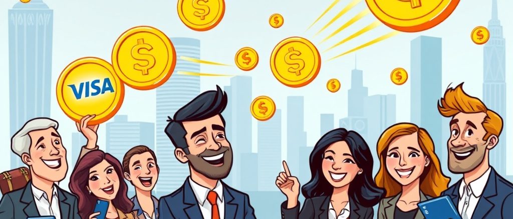 Illustration de paiements en stablecoin rapides via Visa Direct, connectant des comptes bancaires à des portefeuilles crypto pour freelances.