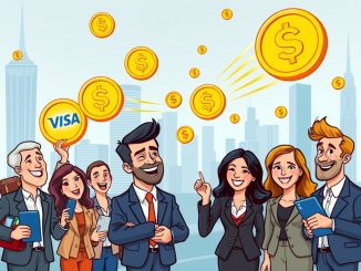 Illustration de paiements en stablecoin rapides via Visa Direct, connectant des comptes bancaires à des portefeuilles crypto pour freelances.