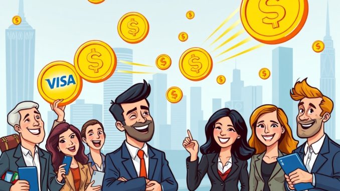 Illustration de paiements en stablecoin rapides via Visa Direct, connectant des comptes bancaires à des portefeuilles crypto pour freelances.