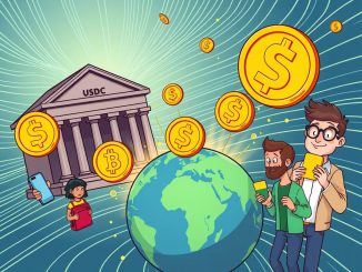 A cartoon showing fast stablecoin payouts from a bank to crypto wallets, symbolizing efficient global digital payments.