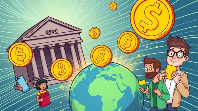 A cartoon showing fast stablecoin payouts from a bank to crypto wallets, symbolizing efficient global digital payments.