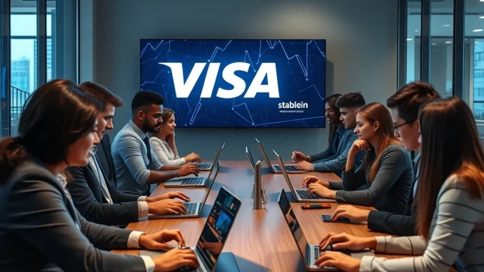 Employees receiving **Visa stablecoin payroll** payments directly into their crypto wallets, illustrating the future of digital currency salaries.