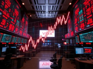 A rising **VIX** chart reflects increasing **Wall Street fear gauge** and market uncertainty, impacting global **investor sentiment**.