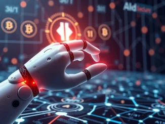 AI robot hand executes an autonomous payment using the x402 protocol, symbolizing a shift to machine-driven transactions on the blockchain.