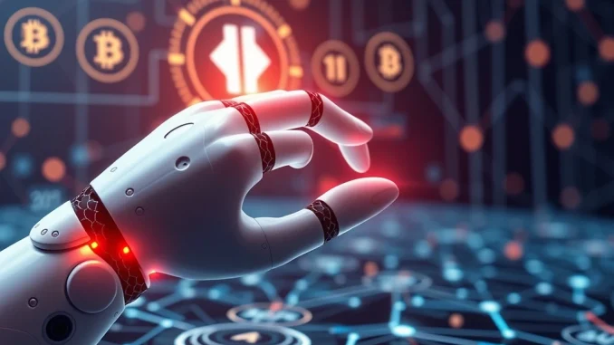 AI robot hand executes an autonomous payment using the x402 protocol, symbolizing a shift to machine-driven transactions on the blockchain.