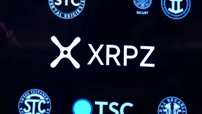 A digital screen showing the **XRP ETF** ticker XRPZ, symbolizing Franklin Templeton's DTCC listing and its potential market impact.
