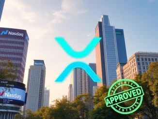 Nasdaq screen displays a green light for the Canary XRP ETF listing, signifying a pivotal moment for cryptocurrency market integration and future XRP trading.