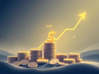 An upward trending chart with XRP coins, symbolizing the **XRP price prediction** reaching a potential $5 target based on bullish signals.
