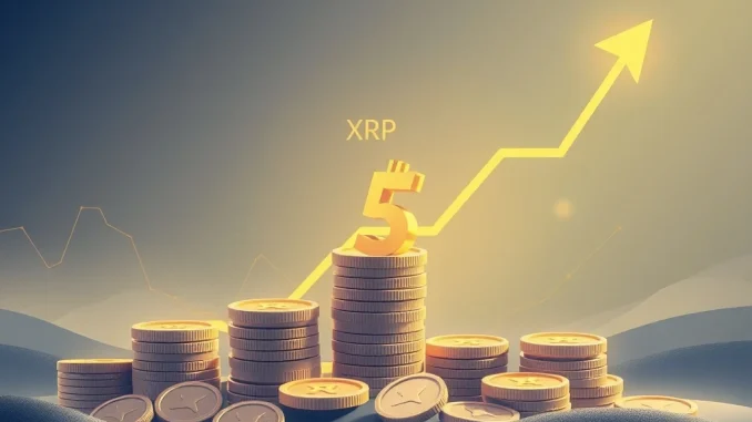 An upward trending chart with XRP coins, symbolizing the **XRP price prediction** reaching a potential $5 target based on bullish signals.