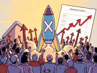 Cartoon illustration showing the potential for the prix du XRP to rise, with market optimism and regulatory developments.