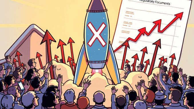 Cartoon illustration showing the potential for the prix du XRP to rise, with market optimism and regulatory developments.