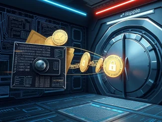 Depicts a significant 200 million **XRP transfer** on a digital ledger, highlighting the movement of funds to Ripple, signifying a major cryptocurrency event.