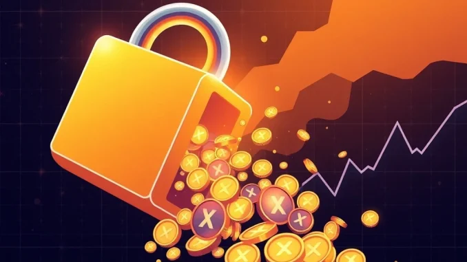 A digital lock breaking open, symbolizing 300 million XRP unlocked from escrow, affecting the market.