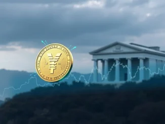 Yen stablecoin influencing the Japanese Government Bond (JGB) market, showing a digital yen coin over bond market graphs.