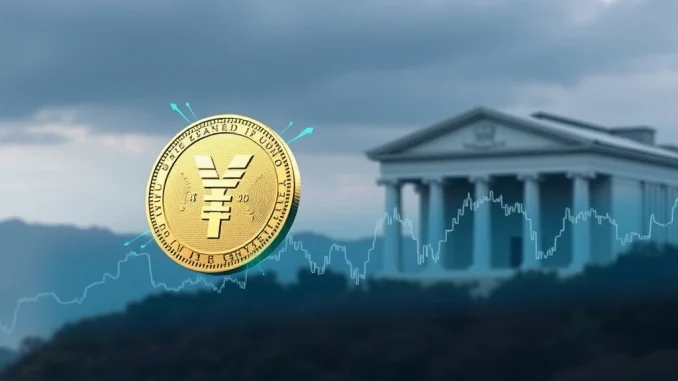 Yen Stablecoin: A Pivotal Force in Japan's JGB Market Evolution Yen stablecoin influencing the Japanese Government Bond (JGB) market, showing a digital yen coin over bond market graphs.