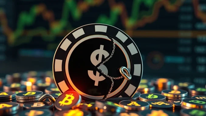 ZK Casino refund progress: A hand holding a digital coin representing processed crypto refunds amidst a backdrop of financial uncertainty.