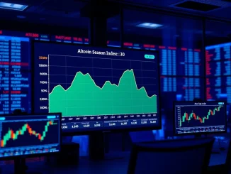 Data visualization showing the Altcoin Season Index plummeting to a reading of 30, indicating weakening altcoin performance.