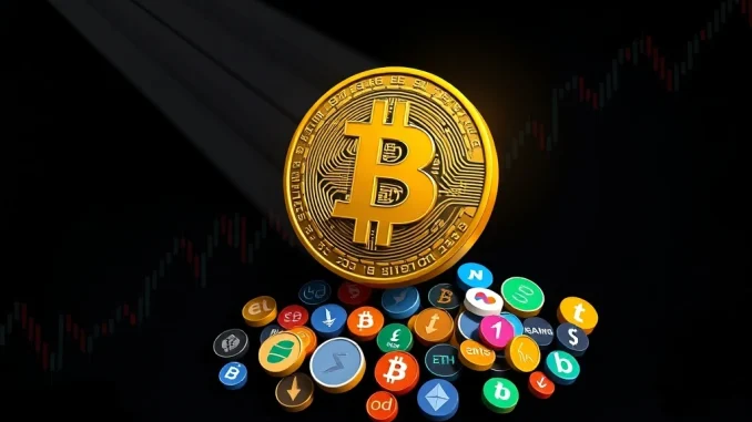 Visual metaphor of Bitcoin dominance overshadowing altcoins as the Altcoin Season Index falls