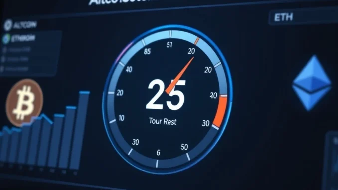 Altcoin Season Index Plummets: CoinMarketCap Data Reveals Sharp Shift to 25 Dashboard showing the Altcoin Season Index at 25, indicating weak altcoin performance versus Bitcoin.