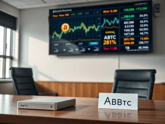 American Bitcoin (ABTC) corporate office with Bitcoin data screen, representing strategic treasury management.