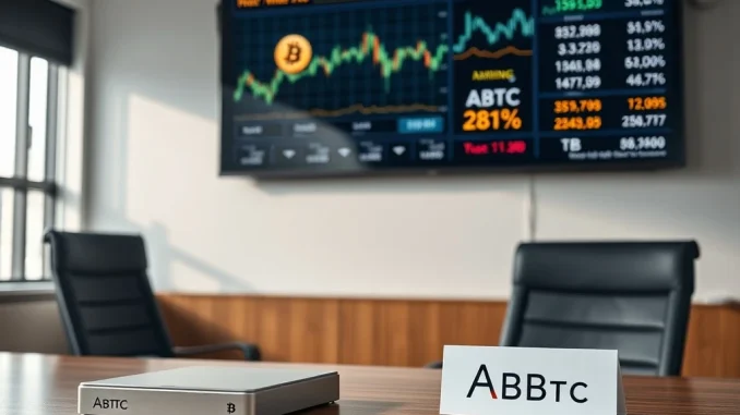 American Bitcoin (ABTC) corporate office with Bitcoin data screen, representing strategic treasury management.