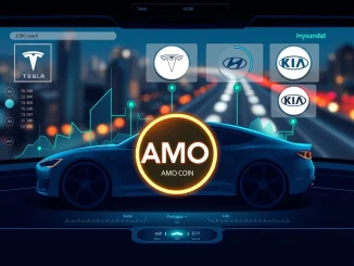 AMO Block 2026 roadmap visualized with vehicle data streams and cryptocurrency integration for AMO Coin.