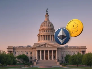 Arizona State Capitol with digital cryptocurrency symbols representing the proposed property tax exemption legislation.