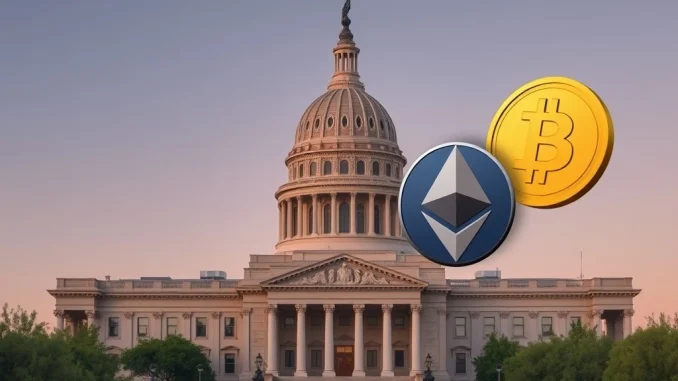 Arizona State Capitol with digital cryptocurrency symbols representing the proposed property tax exemption legislation.