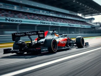 Audi Formula 1 car featuring Nexo crypto partnership branding racing on track