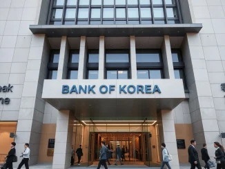 Bank of Korea headquarters where the central bank decided to hold the benchmark interest rate steady.