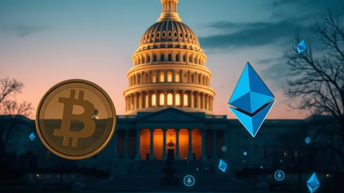 US Capitol with cryptocurrency symbols representing the crypto market structure bill legislative battle
