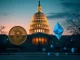 US Capitol with cryptocurrency symbols representing the crypto market structure bill legislative battle