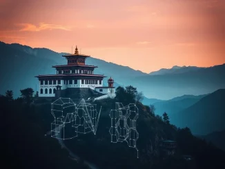 Bhutanese government Bitcoin strategy visualized through traditional and digital elements, highlighting the $8.3M QCP Capital deposit.