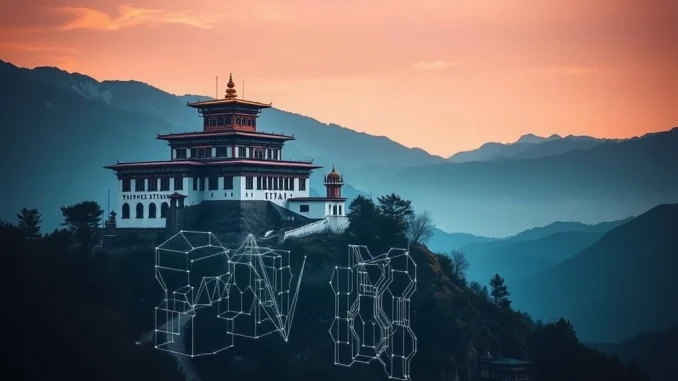 Bhutanese government Bitcoin strategy visualized through traditional and digital elements, highlighting the $8.3M QCP Capital deposit.