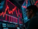 A trader watches over $1.14 billion in crypto futures liquidated on volatile market charts.