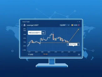 Professional illustration of Binance MEGA/USDT perpetual futures pre-market trading interface with 5x leverage indicators.
