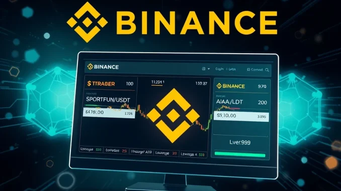 Binance perpetual futures trading interface featuring SPORTFUN and AIA tokens with leverage indicators