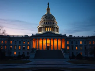 U.S. Capitol with blockchain overlay representing the bipartisan Blockchain Regulatory Certainty Act legislation.
