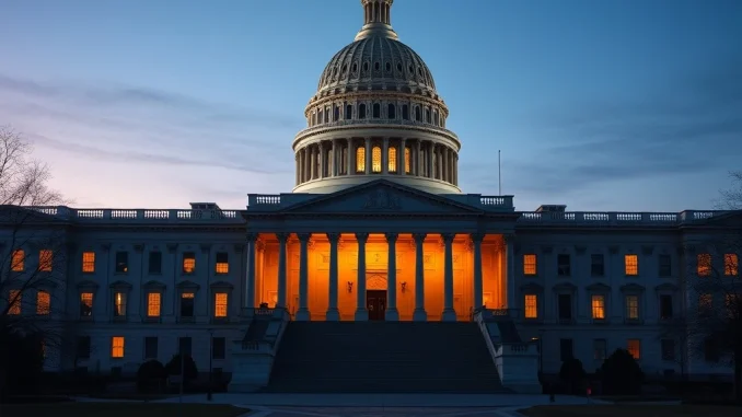 U.S. Capitol with blockchain overlay representing the bipartisan Blockchain Regulatory Certainty Act legislation.