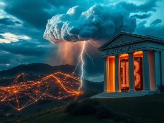 Conceptual split image showing Bitcoin's decentralized network and a traditional bank facing the quantum computing threat.