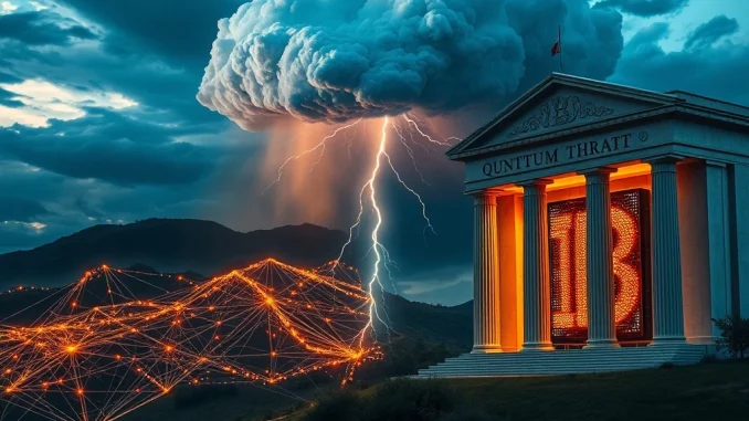 Conceptual split image showing Bitcoin's decentralized network and a traditional bank facing the quantum computing threat.
