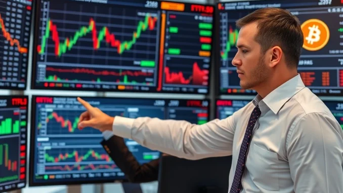 Financial analyst examining Bitcoin ETF liquidity data and market trends on multiple monitors