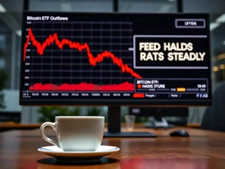 Chart showing Bitcoin ETF outflows as Federal Reserve holds interest rates steady, financial market analysis.