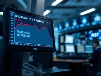 Chart showing declining Bitcoin spot ETF net flows with financial data terminal in background.