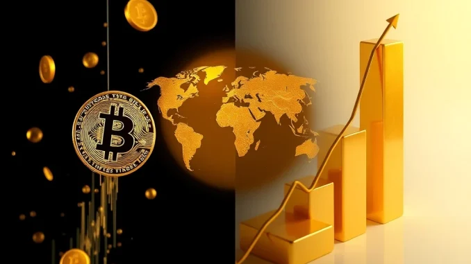 Bitcoin price decline versus gold record high during 2025 market tensions and safe-haven shift