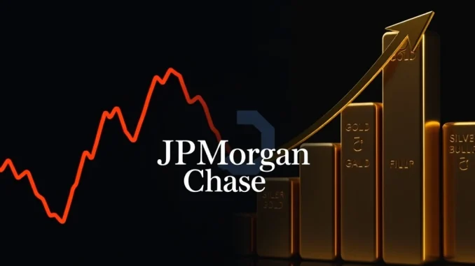 Analytical graphic showing Bitcoin futures downtrend versus rising gold and silver bars, illustrating JPMorgan's report on the investor shift.