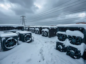 Bitcoin mining facility during severe winter storm showing impact on hashrate operations