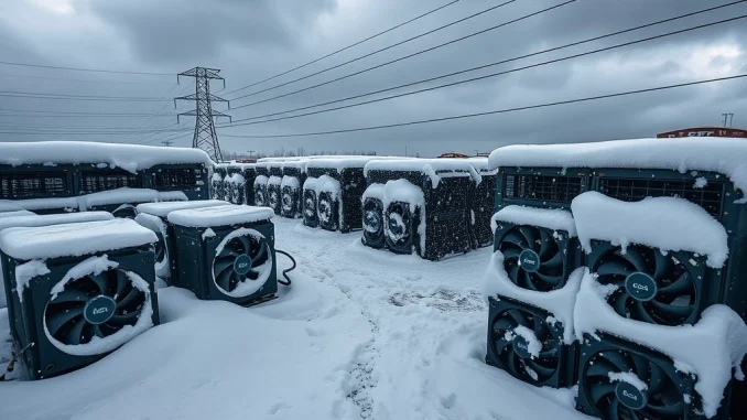 Bitcoin mining facility during severe winter storm showing impact on hashrate operations