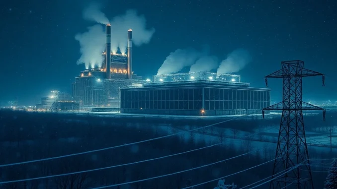 Bitcoin Miners Seize Stunning 150% Profit Surge by Powering Down During US Winter Storm Bitcoin mining facility during a US winter storm, illustrating the shift from mining to selling electricity.